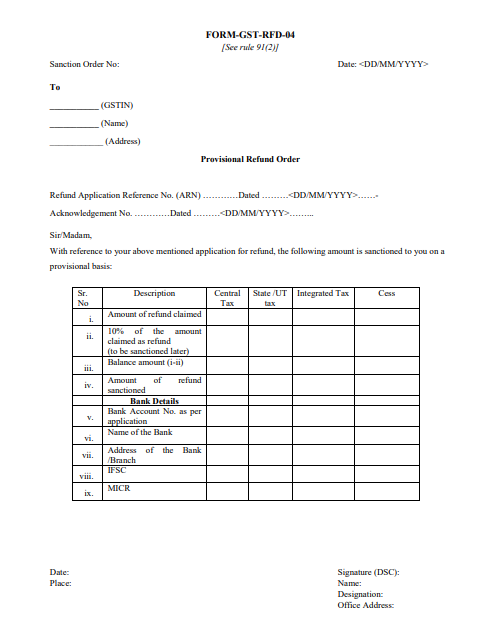 Form GST RFD 04